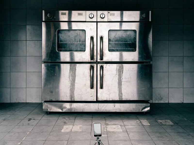 A stainless combi oven photographed straight on in a stripped commercial kitchen, floor scars where other units have already been removed.