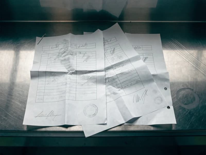 A stack of printed maintenance dockets and a Gas Safe certificate on a stainless prep bench under cool overhead light.