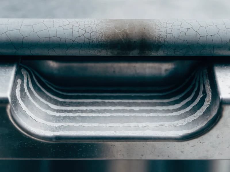Close crop of a combi oven door seal and chamber edge showing limescale build-up and wear on brushed stainless.