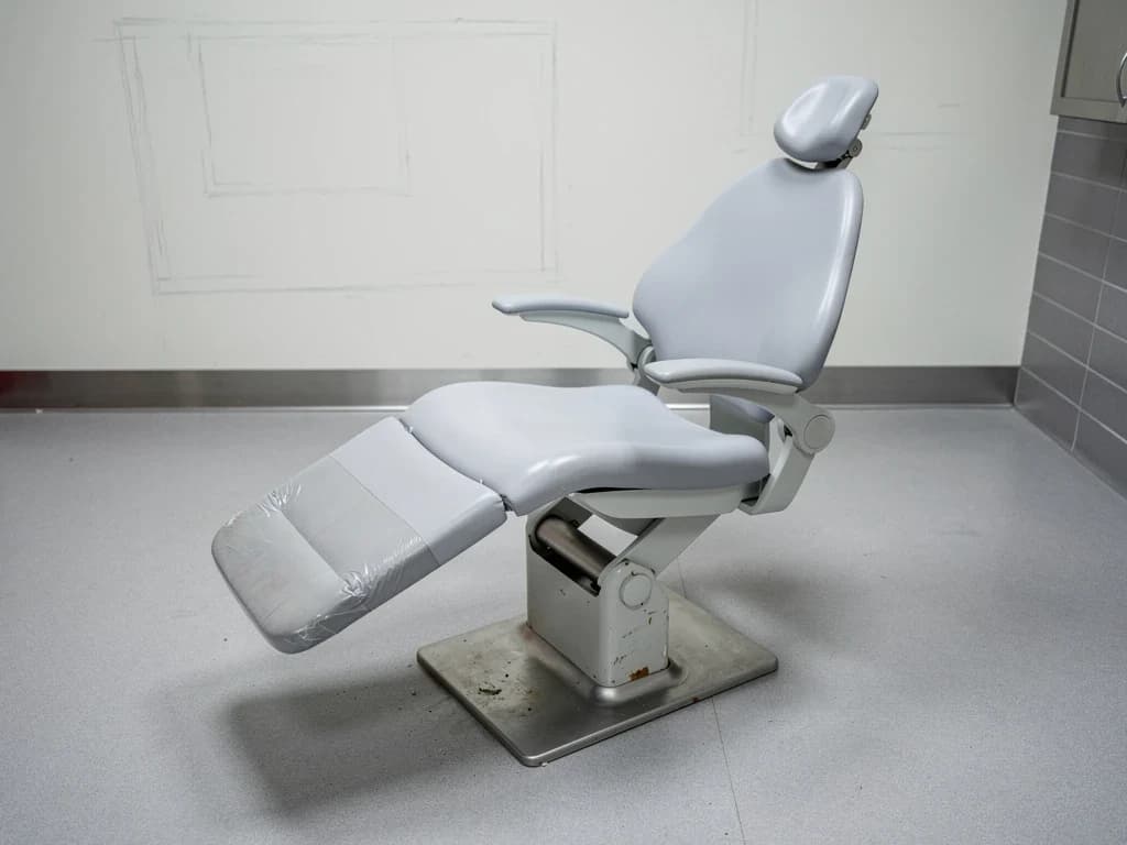 A-dec 500 dental chair with delivery arm and light, photographed in an emptied surgery under cool overhead light.