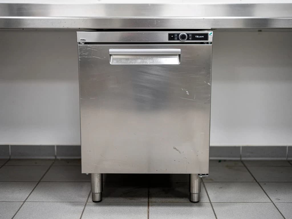 Foster EcoPro G3 stainless undercounter refrigerator, two doors, photographed straight on against a tiled kitchen wall.