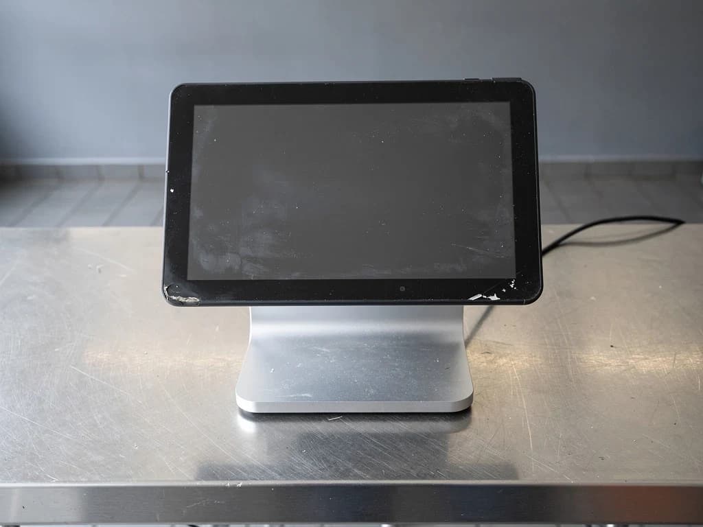 Lightspeed K-Series point of sale terminal on its stand, screen off, photographed on a stainless counter.