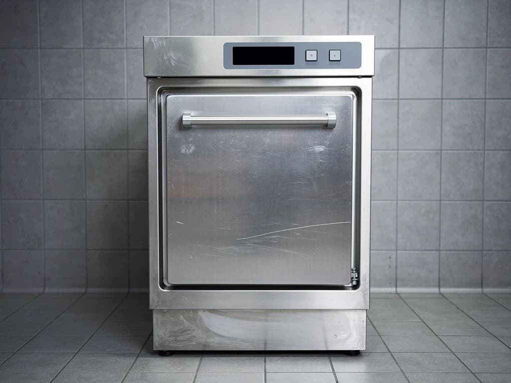 Miele PG 8583 stainless washer-disinfector, door closed, photographed straight on in a clinical utility room.